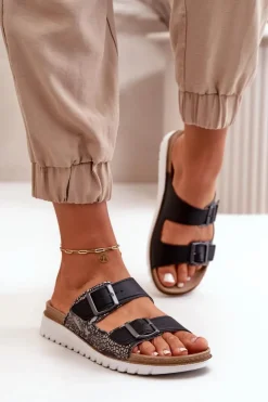 INBLU Klapki Damskie Klasyczne*Damskie Wygodne Klapki Z Klamrami CN000033 Czarne Czarny