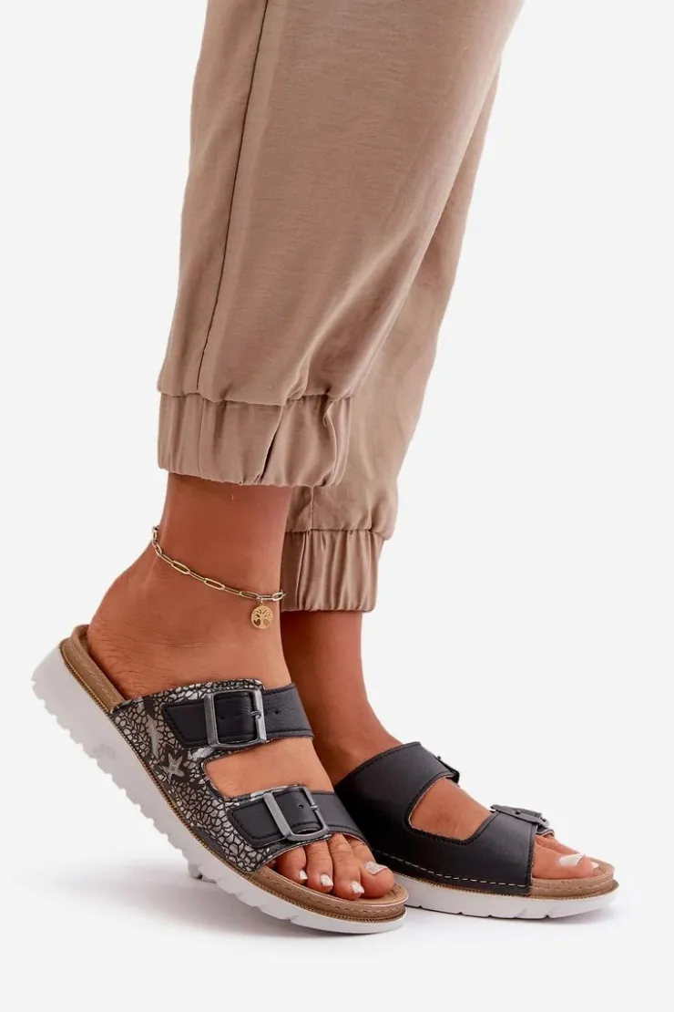 INBLU Klapki Damskie Klasyczne*Damskie Wygodne Klapki Z Klamrami CN000033 Czarne Czarny