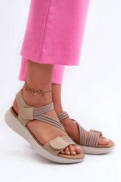 Evento Sandały Płaskie*Damskie Wygodne Sandały Na Rzep Beżowe Eladora