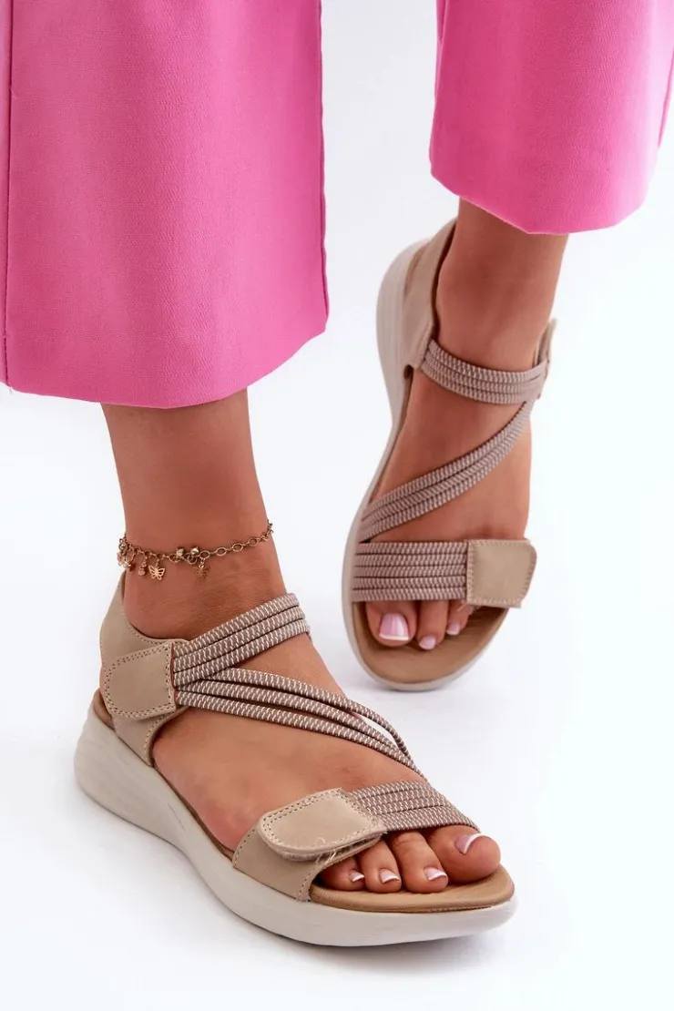 Evento Sandały Płaskie*Damskie Wygodne Sandały Na Rzep Beżowe Eladora