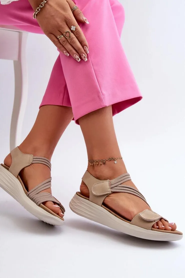 Evento Sandały Płaskie*Damskie Wygodne Sandały Na Rzep Beżowe Eladora