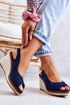 Damskie Boto Damskie Wygodne Sandały Na Koturnie Granatowe Thallas