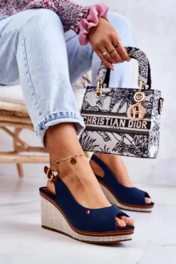 Damskie Boto Damskie Wygodne Sandały Na Koturnie Granatowe Thallas