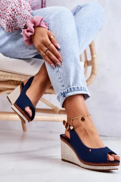 Damskie Boto Damskie Wygodne Sandały Na Koturnie Granatowe Thallas