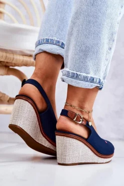 Damskie Boto Damskie Wygodne Sandały Na Koturnie Granatowe Thallas