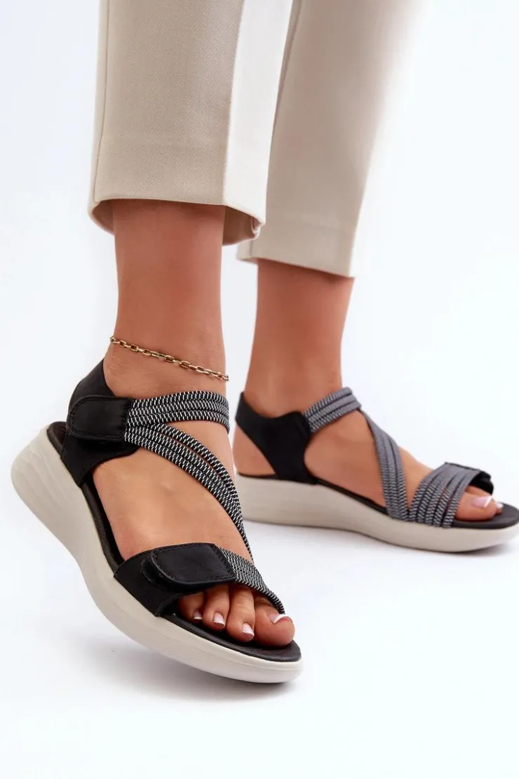 Damskie Evento Damskie Wygodne Sandały Na Rzep Czarne Eladora