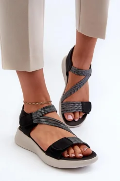 Damskie Evento Damskie Wygodne Sandały Na Rzep Czarne Eladora