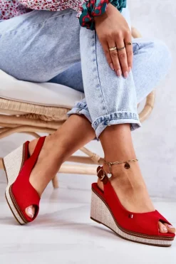 Online Boto Damskie Wygodne Sandały Na Koturnie Czerwone Thallas