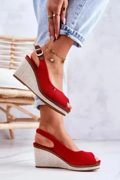 Online Boto Damskie Wygodne Sandały Na Koturnie Czerwone Thallas