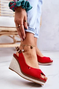 Online Boto Damskie Wygodne Sandały Na Koturnie Czerwone Thallas