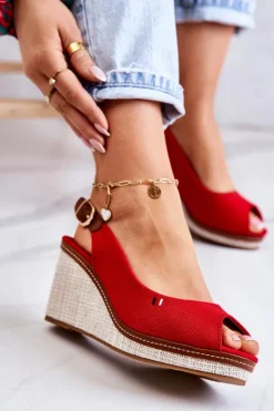 Online Boto Damskie Wygodne Sandały Na Koturnie Czerwone Thallas