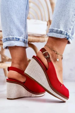 Online Boto Damskie Wygodne Sandały Na Koturnie Czerwone Thallas