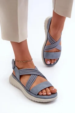 Evento Sandały Płaskie*Damskie Wygodne Sandały Na Rzep Niebieskie Eladora