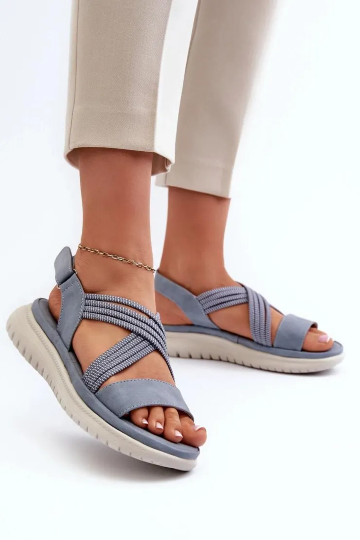 Evento Sandały Płaskie*Damskie Wygodne Sandały Na Rzep Niebieskie Eladora