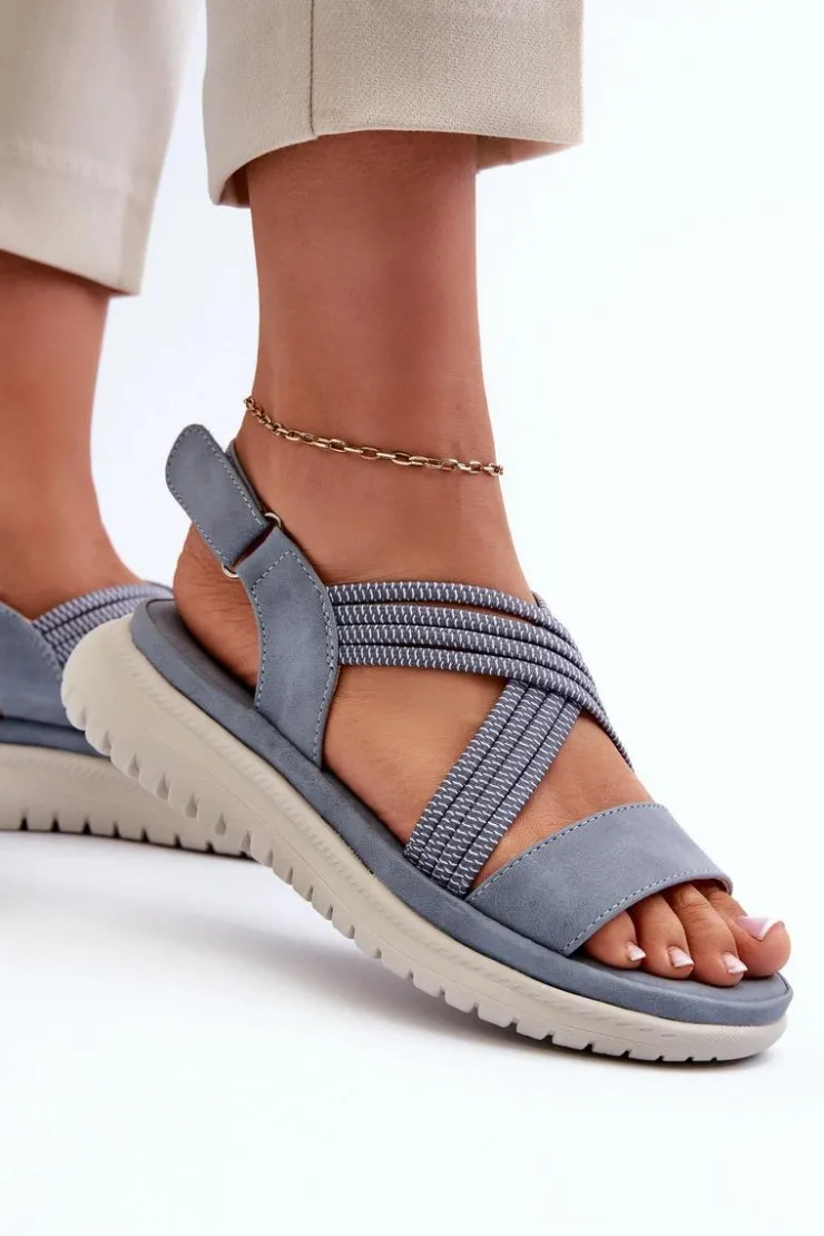 Evento Sandały Płaskie*Damskie Wygodne Sandały Na Rzep Niebieskie Eladora