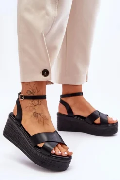 Boto Sandały Na Koturnie*Damskie Wygodne Sandały Na Koturnie Czarne Laurie