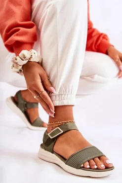 Evento Sandały Płaskie*Damskie Wygodne Sandały Na Rzep Zielone Sidney