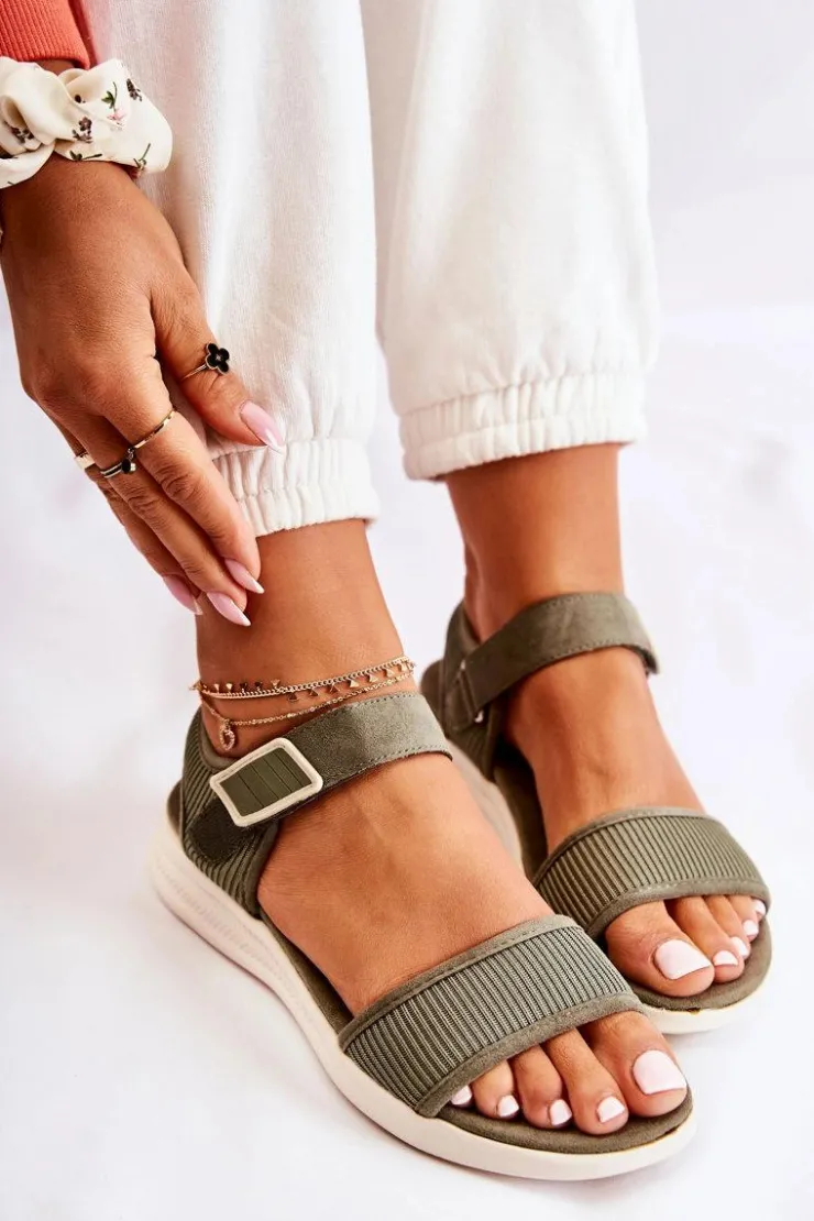 Evento Sandały Płaskie*Damskie Wygodne Sandały Na Rzep Zielone Sidney