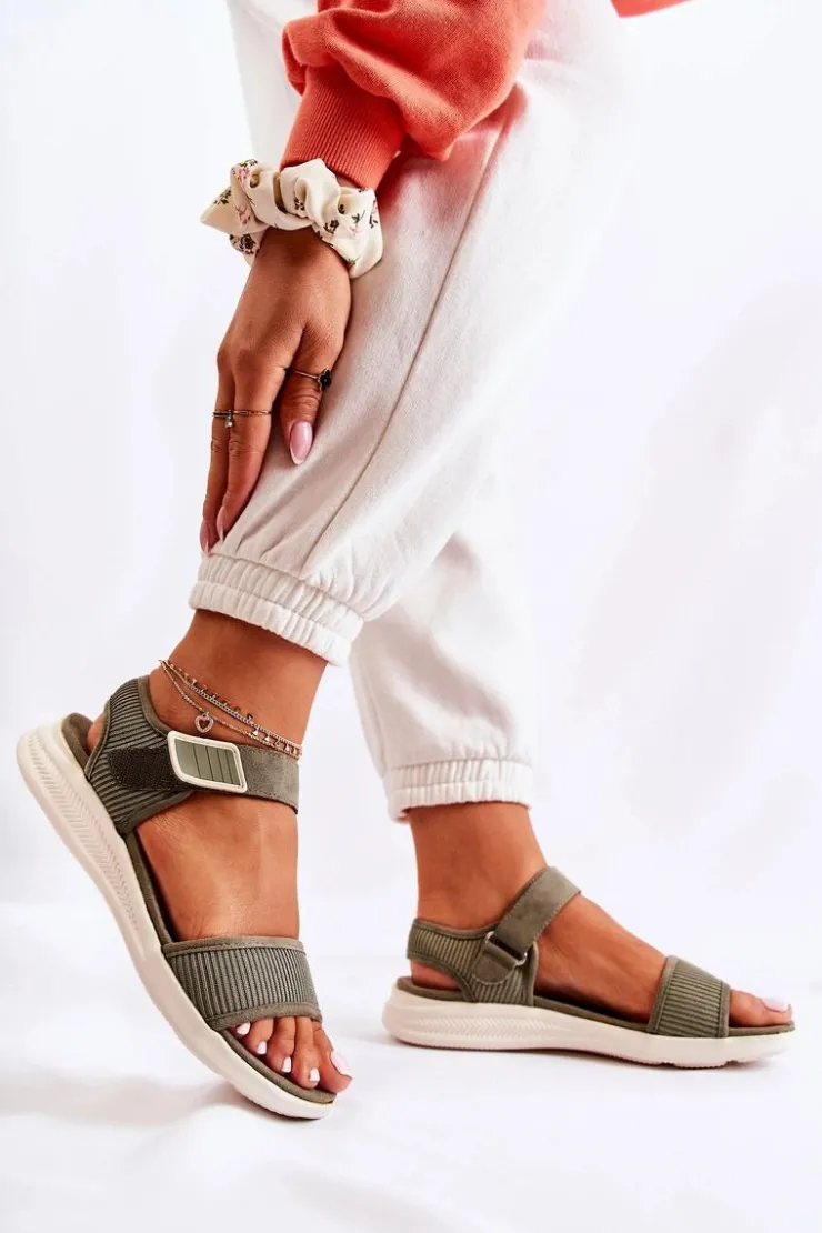 Evento Sandały Płaskie*Damskie Wygodne Sandały Na Rzep Zielone Sidney