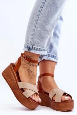 New Boto Damskie Wygodne Sandały Na Koturnie Brązowo-Beżowe Laurie