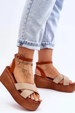 New Boto Damskie Wygodne Sandały Na Koturnie Brązowo-Beżowe Laurie