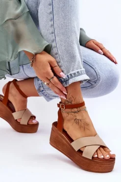 New Boto Damskie Wygodne Sandały Na Koturnie Brązowo-Beżowe Laurie