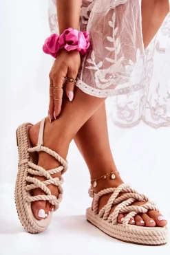 Boto Sandały Płaskie*Damskie Wygodne Sandały Plecione Beżowe Maurice