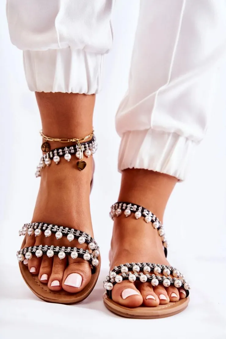 Boto Sandały Płaskie*Damskie Wygodne Sandały Z Ozdobami Czarne Nell