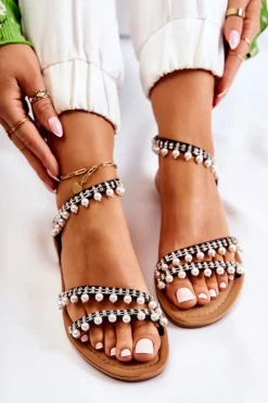 Boto Sandały Płaskie*Damskie Wygodne Sandały Z Ozdobami Czarne Nell