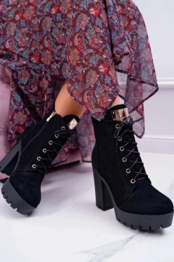 Boto Botki Sznurowane|Botki Na Słupku*Damskie Wysokie Botki Czarne Zamszowe Grunge Midow
