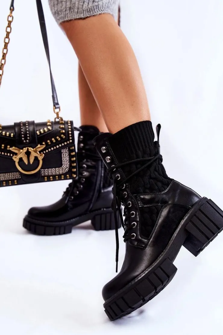 Best Evento Damskie Wysokie Botki Glany Na Zamek Czarne Enroe