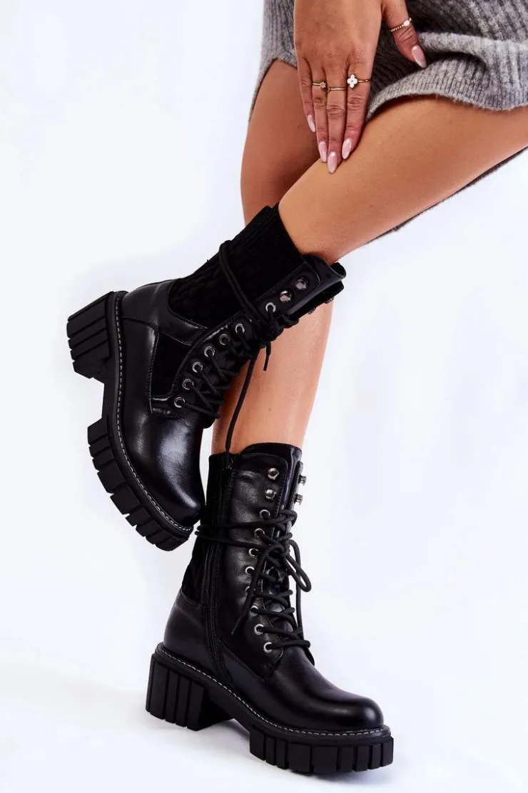 Best Evento Damskie Wysokie Botki Glany Na Zamek Czarne Enroe