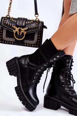 Best Evento Damskie Wysokie Botki Glany Na Zamek Czarne Enroe