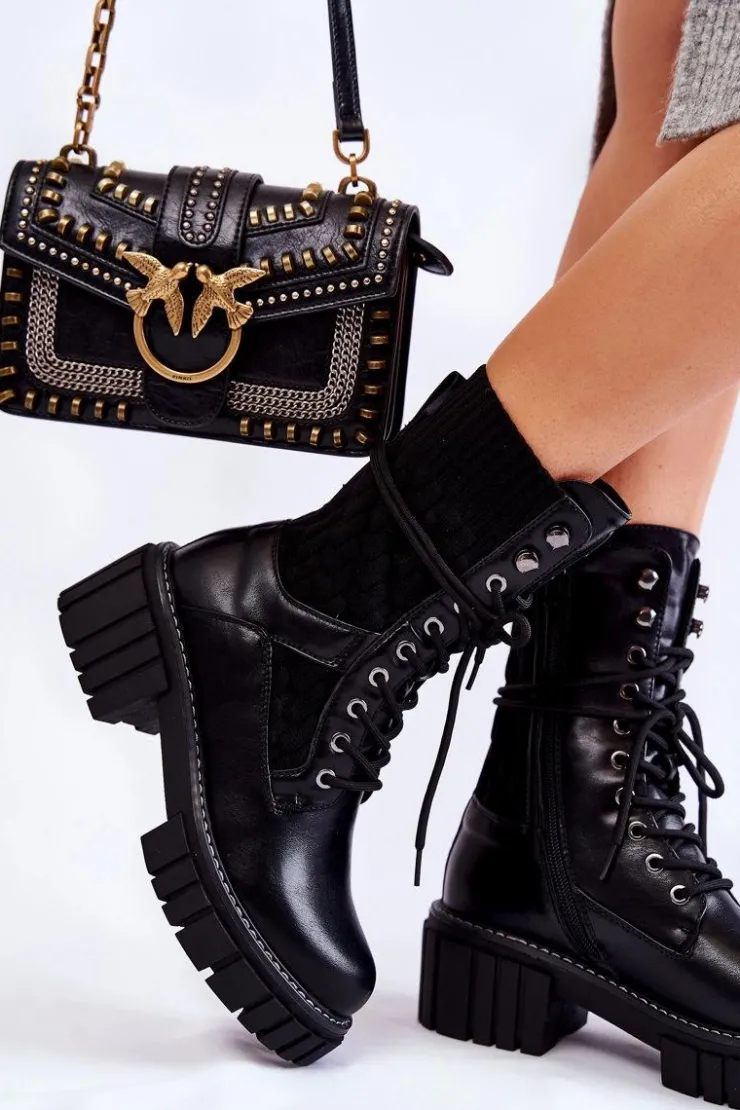 Best Evento Damskie Wysokie Botki Glany Na Zamek Czarne Enroe