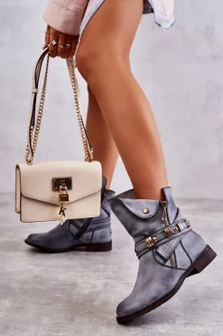 Boto Botki Zimowe Damskie|Botki Płaskie*Damskie Wysokie Botki Z Ozdobami Niebieskie Alisa