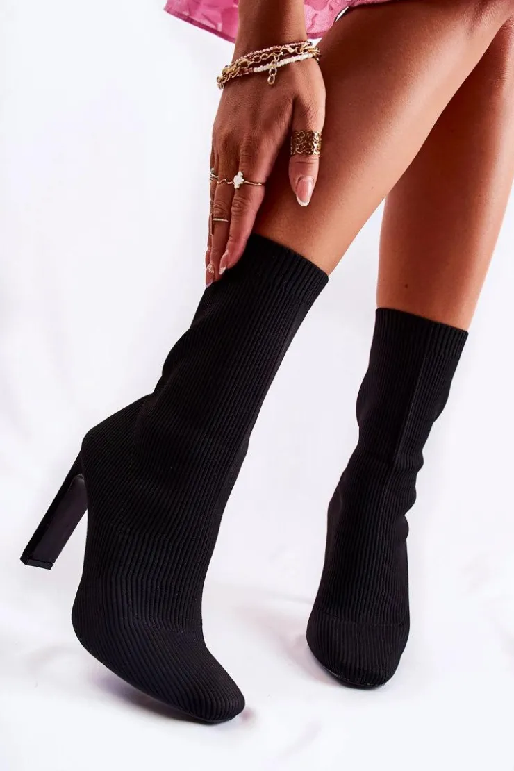 Sale Boto Damskie Wysokie Botki Ze Skarpetą Na Obcasie Czarne Nessi