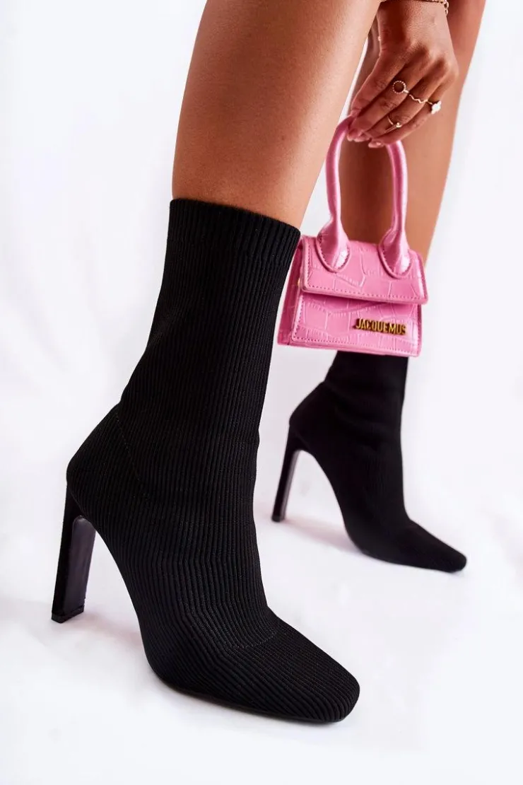 Sale Boto Damskie Wysokie Botki Ze Skarpetą Na Obcasie Czarne Nessi