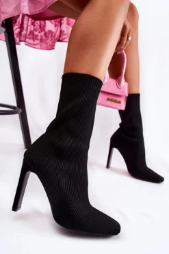 Sale Boto Damskie Wysokie Botki Ze Skarpetą Na Obcasie Czarne Nessi