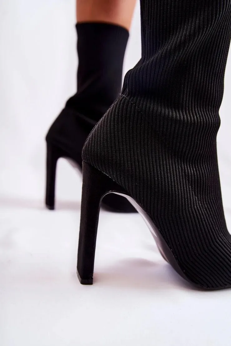 Sale Boto Damskie Wysokie Botki Ze Skarpetą Na Obcasie Czarne Nessi