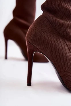 Damskie Boto Damskie Wysokie Botki Ze Skarpetą Na Szpilce Brązowe Luisell