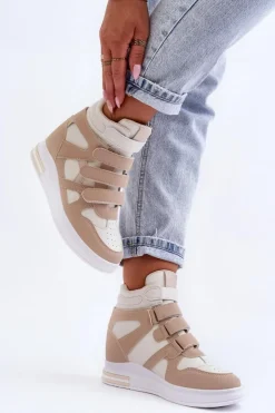Boto Sneakersy Damskie*Damskie Wysokie Buty Sportowe Na Ukrytym Koturnie Beżowe Inari