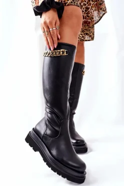 Discount Damskie buty S.Barski Damskie Wysokie Czarne Kozaki z Łańcuchem Vivien