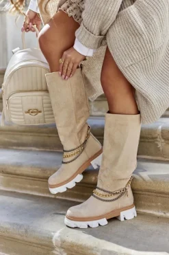 Clearance Boto Damskie Wysokie Kozaki Botki Beżowe Lagoon