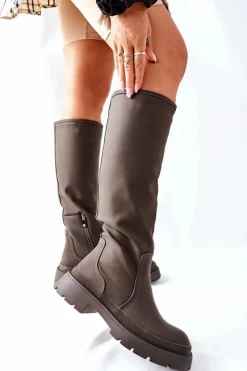 Damskie Damskie buty S.Barski Damskie Wysokie Kozaki Khaki Whats Going On