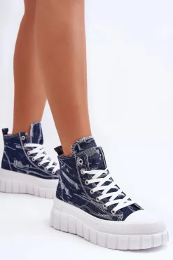 Clearance Boto Damskie Wysokie Materiałowe Trampki Granatowe Degas