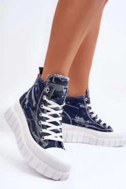 Clearance Boto Damskie Wysokie Materiałowe Trampki Granatowe Degas