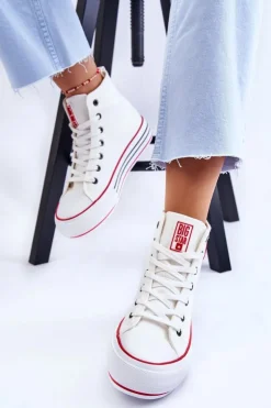Damskie Big Star Shoes Damskie Wysokie Materiałowe Trampki Na Platformie Big Star LL274185 Białe