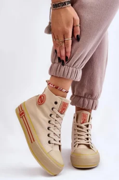 Big Star Shoes Trampki Damskie Big Star|Trampki Damskie Wysokie*Damskie Wysokie Materiałowe Trampki Na Platformie Big Star LL274187 Beżowe