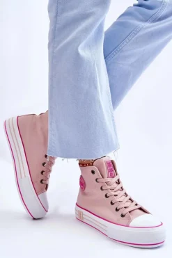 Big Star Shoes Trampki Damskie Big Star|Trampki Damskie Wysokie*Damskie Wysokie Materiałowe Trampki Na Platformie Big Star LL274186 Różowe Różowy