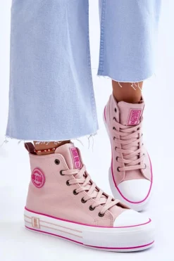Big Star Shoes Trampki Damskie Big Star|Trampki Damskie Wysokie*Damskie Wysokie Materiałowe Trampki Na Platformie Big Star LL274186 Różowe Różowy
